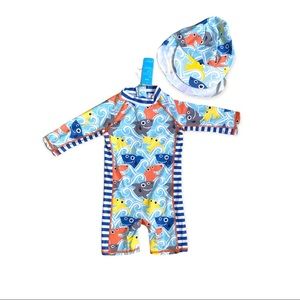 🌴 3/$25 Boys Shark One Piece Swimsuit with Hat